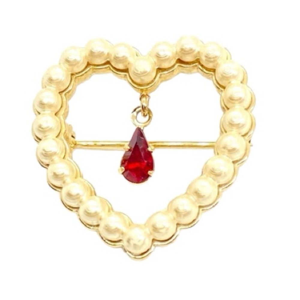 Vintage Avon Heart-Shaped Pearl Brooch with Ruby Teardrop Accent